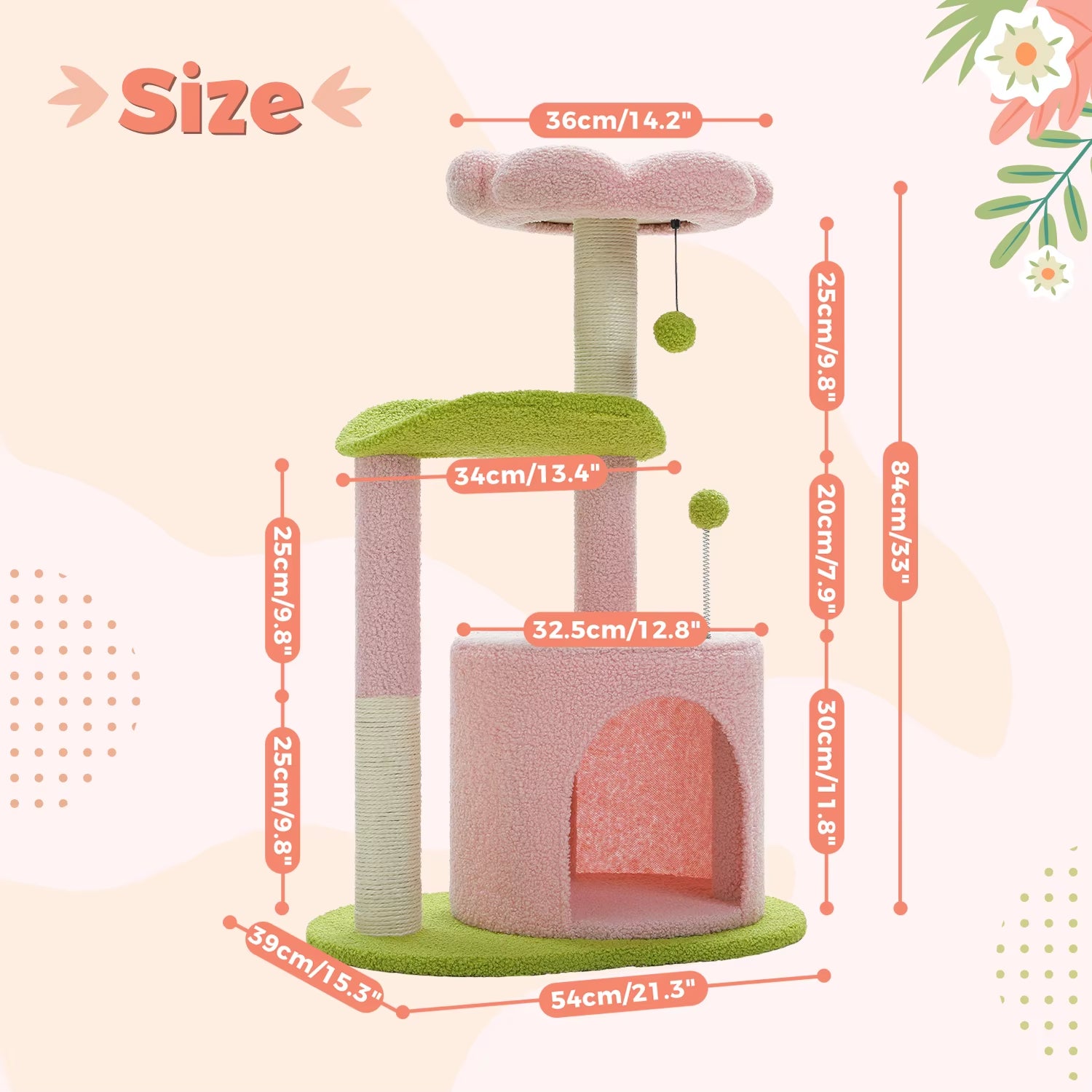 Cactus Cat Tree with Curved Perch Cozy Cat Condo Small Cat Tower with Removable Top Bed Cat Scratching Post for Indoor Cat Toys